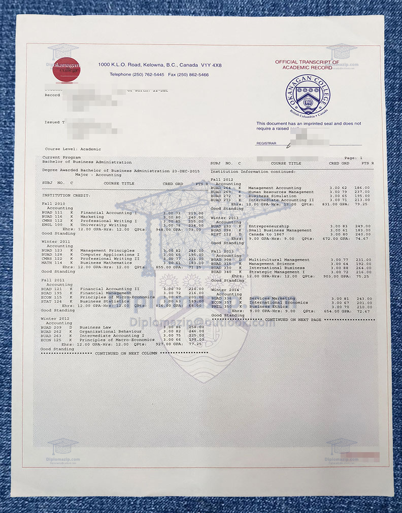 Rush Order Official Transcript From Okanagan College